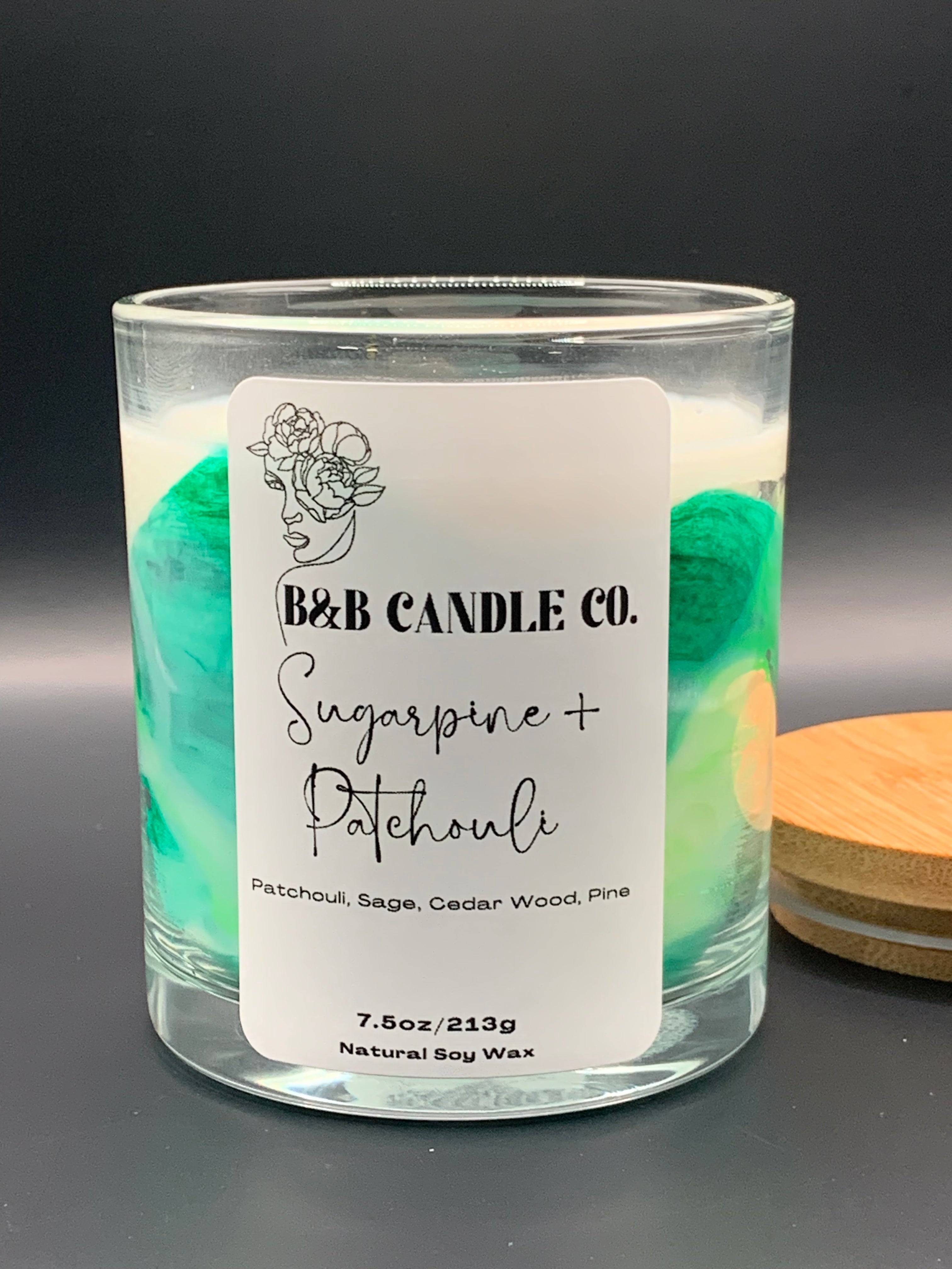 Sugarpine & Patchouli 7.5 oz Marble Candle with Bamboo Lid - Hand-Poured Natural Soy Wax