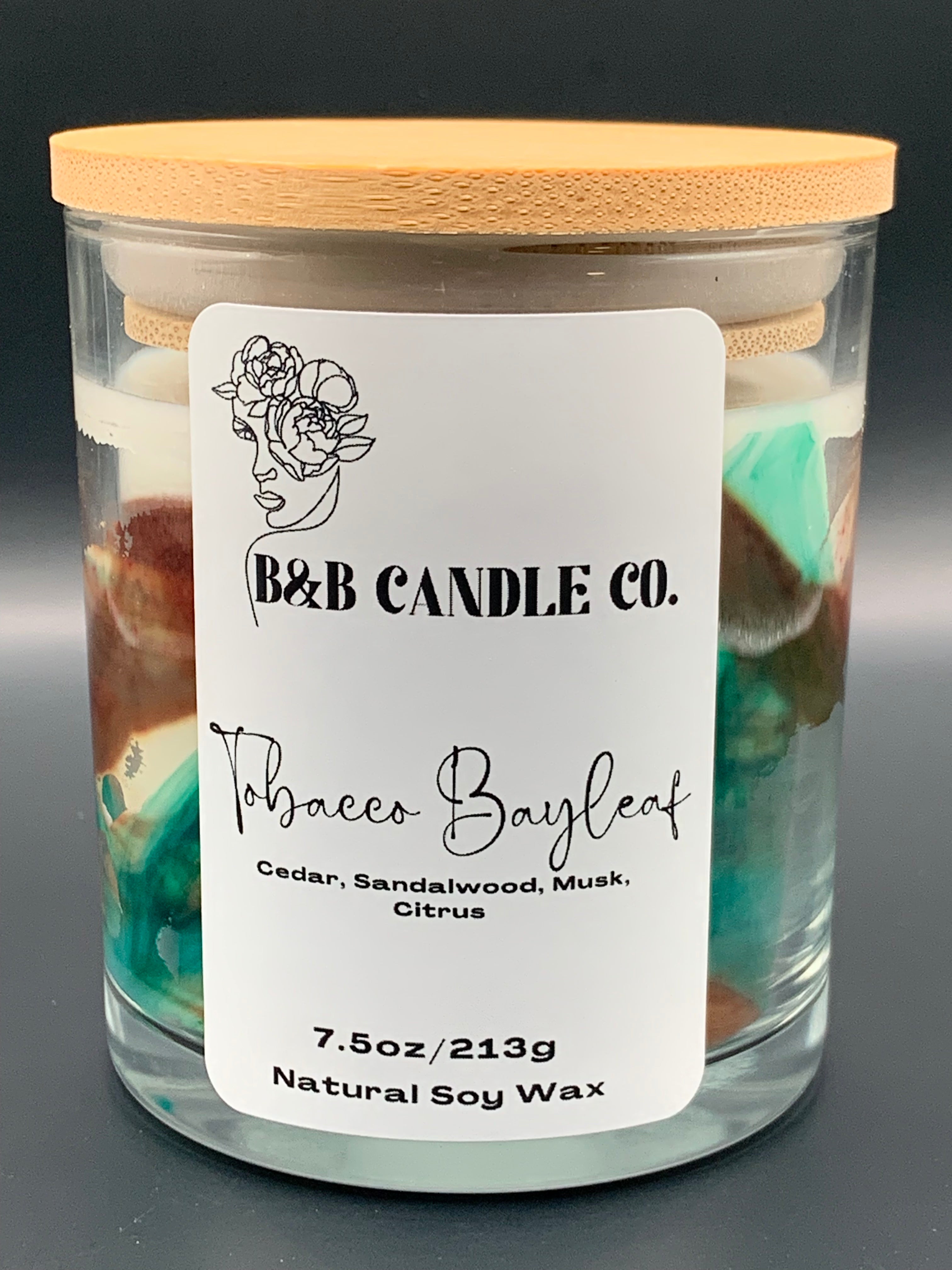 Tobacco & Bayleaf Scented Candle 7.5oz Glass Marbled Aromatherapy Musk