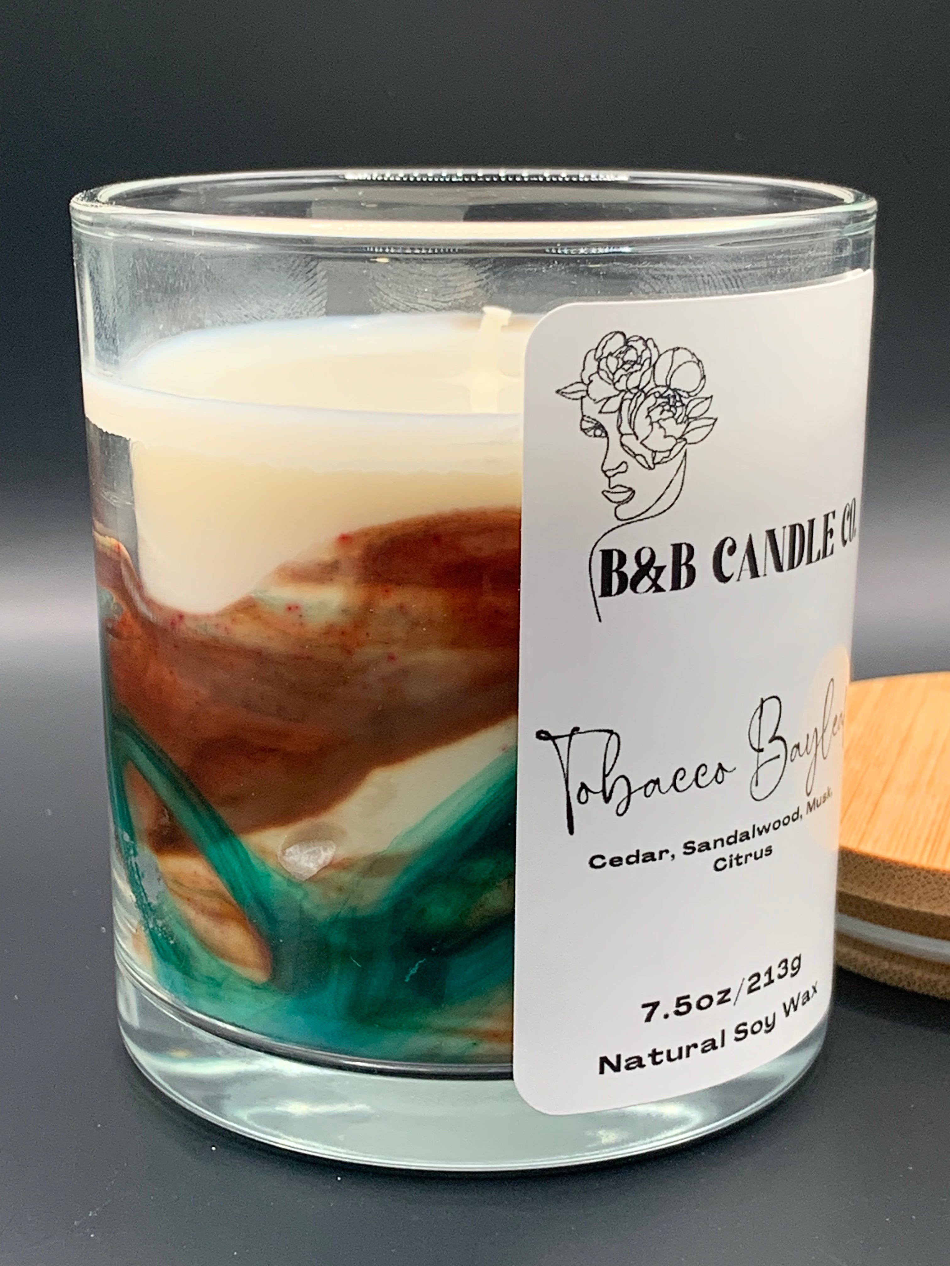 Tobacco & Bayleaf Scented Candle 7.5oz Glass Marbled Aromatherapy Musk