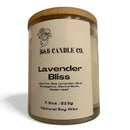 Candle with a wooden lid labeled 'B&B Candle Co. Lavender Bliss' on a white background