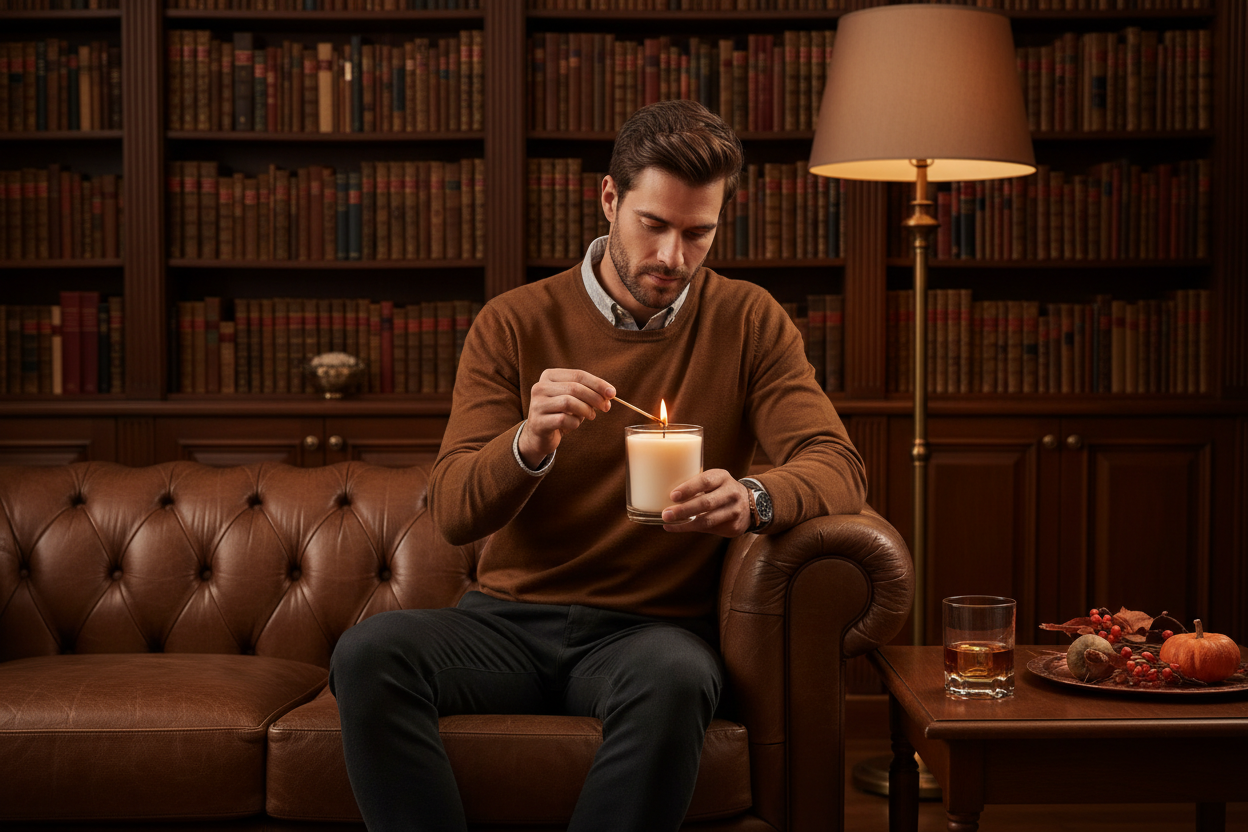 A realistic image of a male model in a luxury home setting, lighting a clear glass candle with a soft flame, no label. Warm amber tones, dark wood and leather accents, with a glass of bourbon or fall decor nearby. The scene feels rich, masculine, and cozy, perfect for a boutique candle brand.