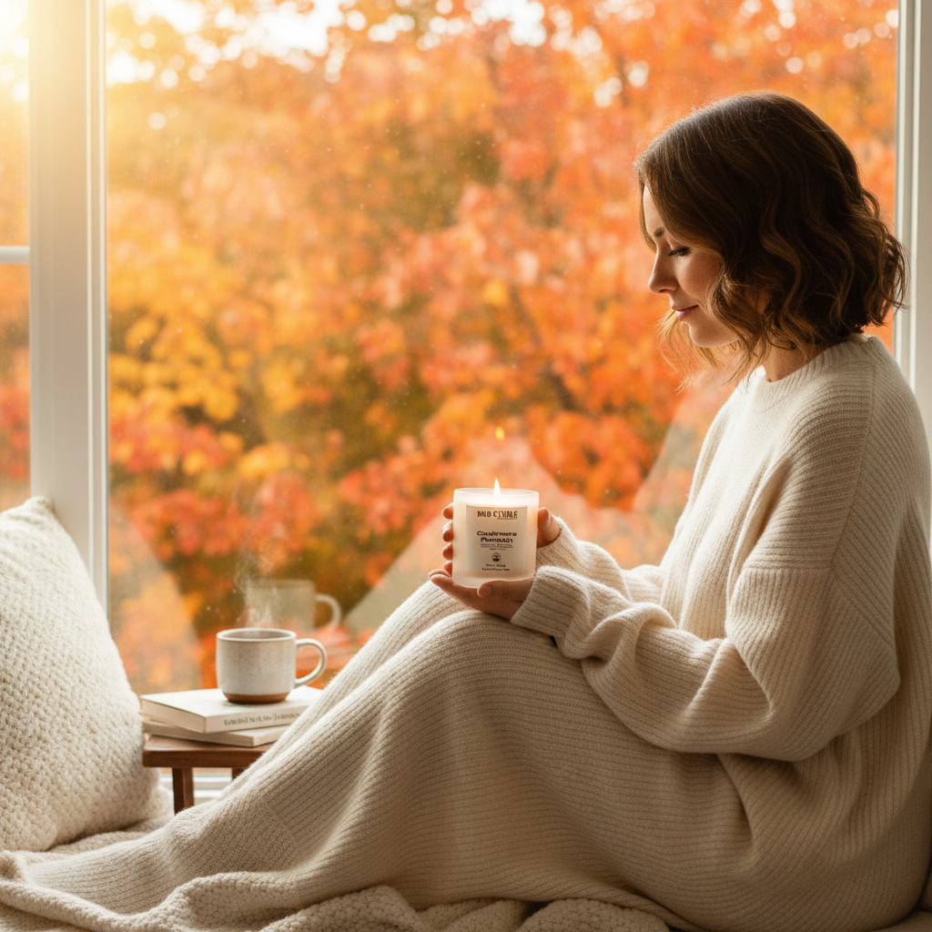 Cashmere Pumpkin Woman holding a candle in the fall. 