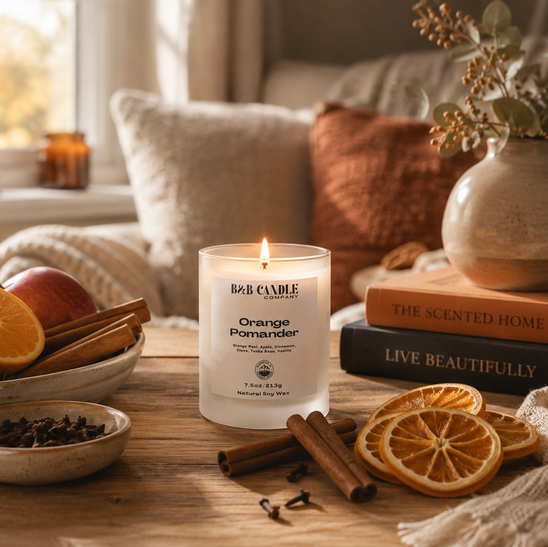 A lit B&B Candle 'Orange Pomander' in a frosted glass jar sits on a wooden table surrounded by orange slices, cinnamon sticks, dried orange slices, and books in a cozy, warm-toned living room setting.