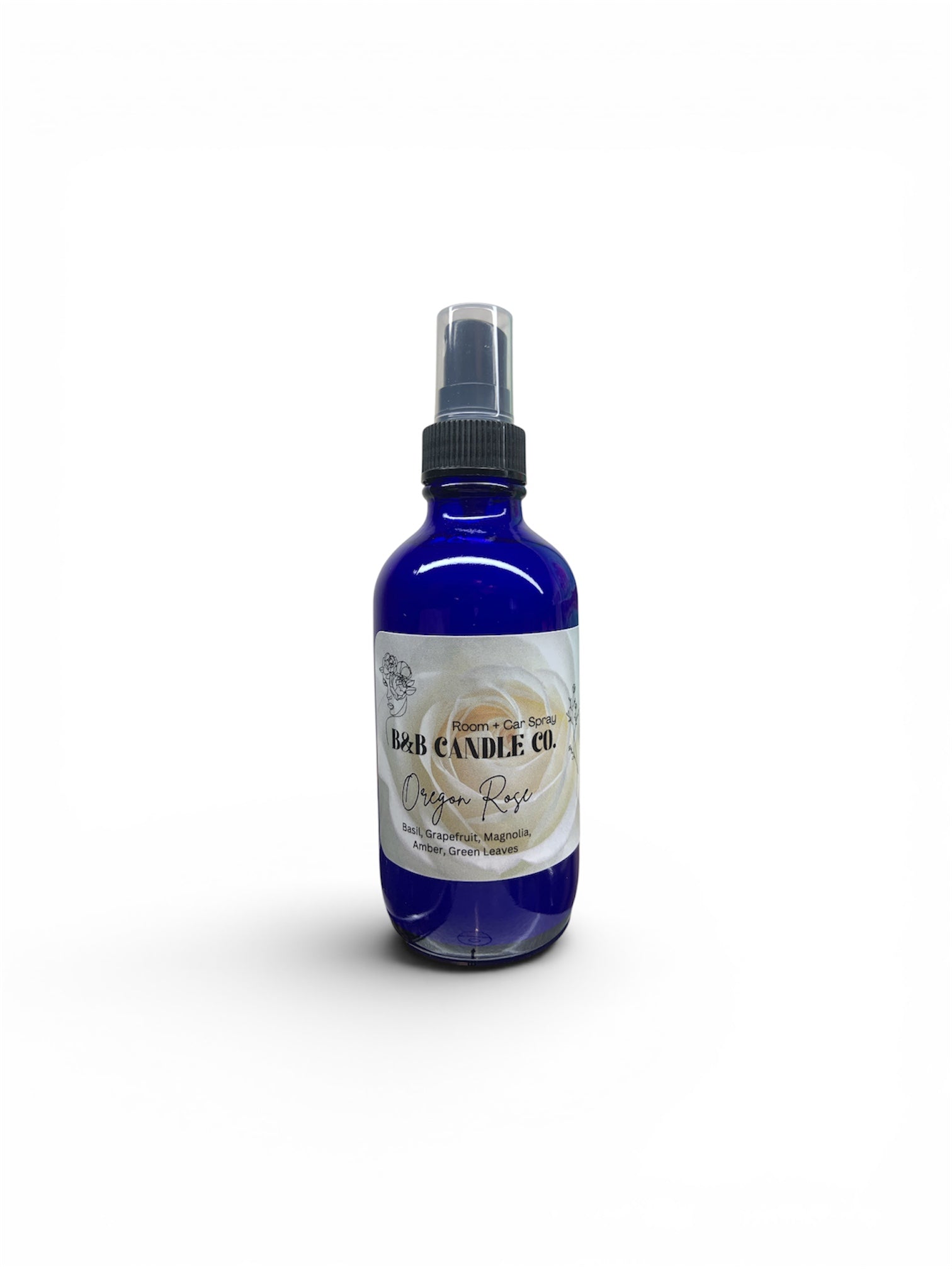 Blue spray bottle with a label on a white background