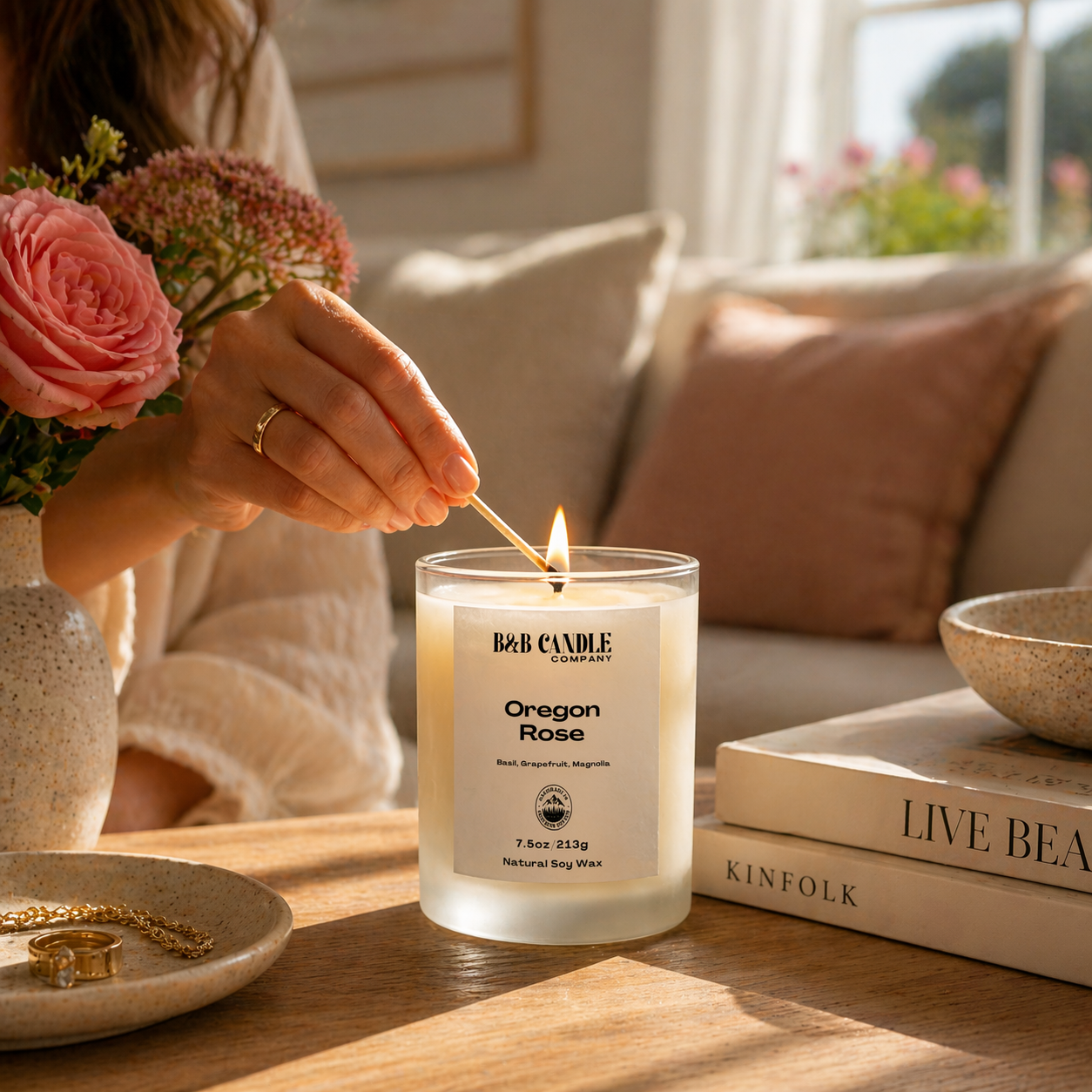 Oregon Rose Soy Candle | Classic Rose + Floral Green Leaves + Amber