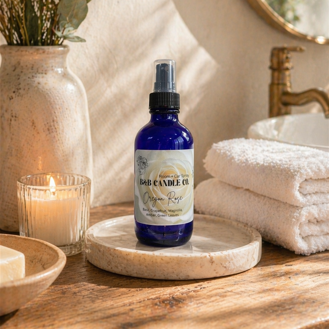 Bottle of body candle oil on a wooden surface with towels and a candle in the background