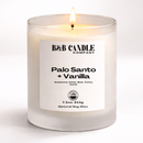 Hand-poured Palo Santo + Vanilla soy candle in frosted glass jar by B&B Candle Co.