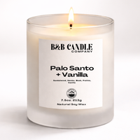 Hand-poured Palo Santo + Vanilla soy candle in frosted glass jar by B&B Candle Co.
