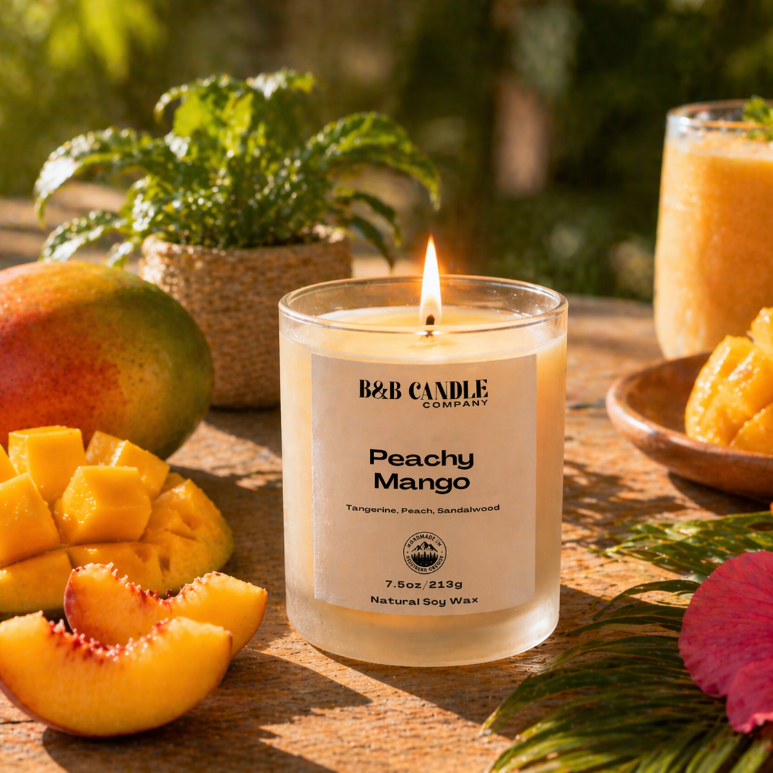 Peachy Mango candle with fresh fruit and a smoothie on a wooden table