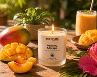 Peachy Mango candle with fresh fruit and a smoothie on a wooden table
