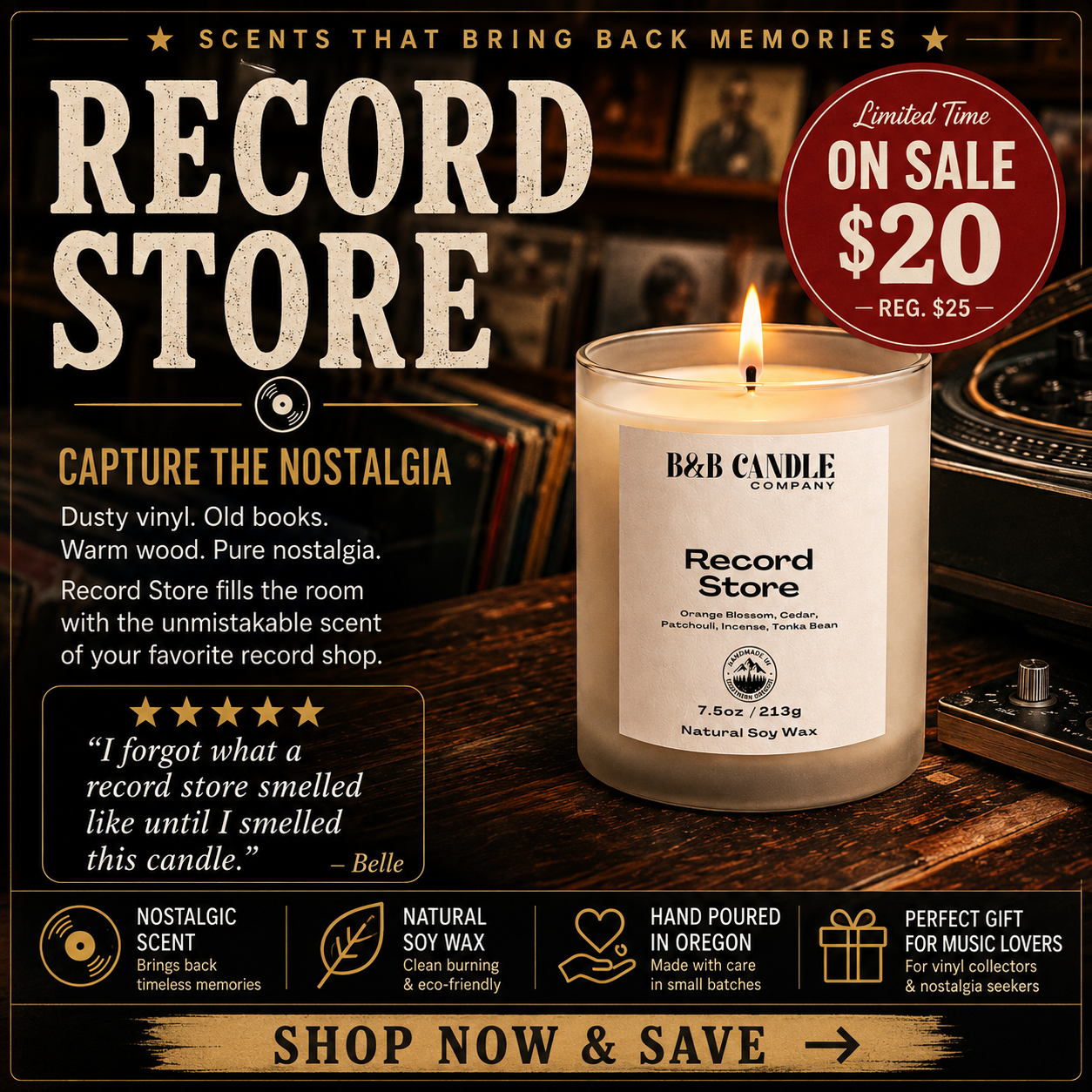A promotional ad for B&B Candle Company's 'Record Store' scented soy wax candle. The candle is shown lit in a rustic, dark-themed setting with vinyl records and wooden textures.