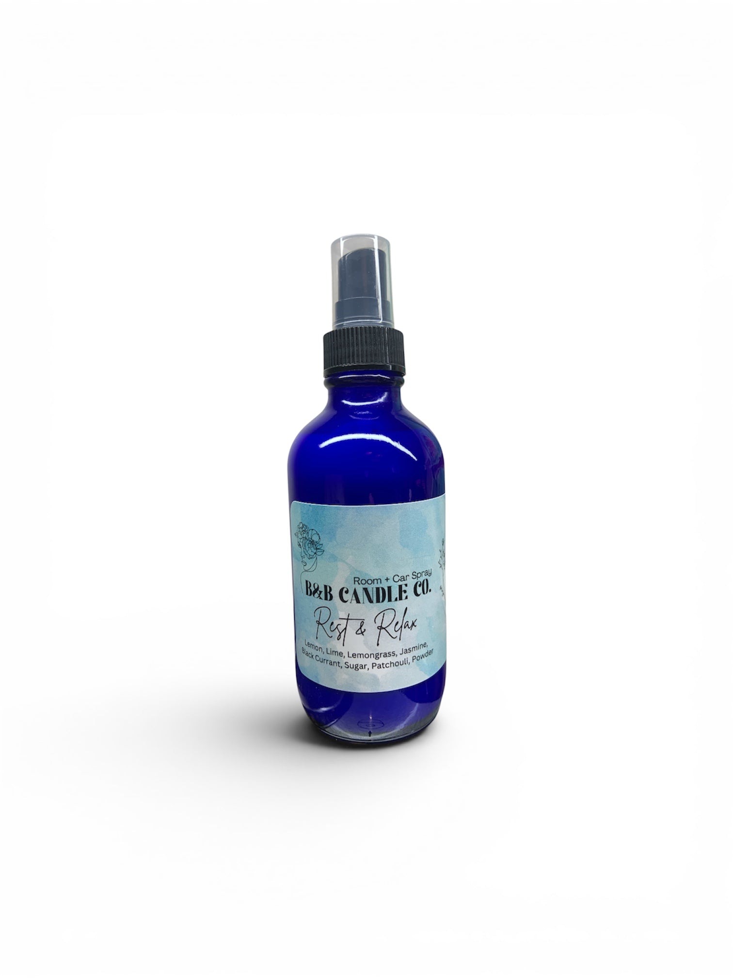Blue spray bottle with a label on a white background