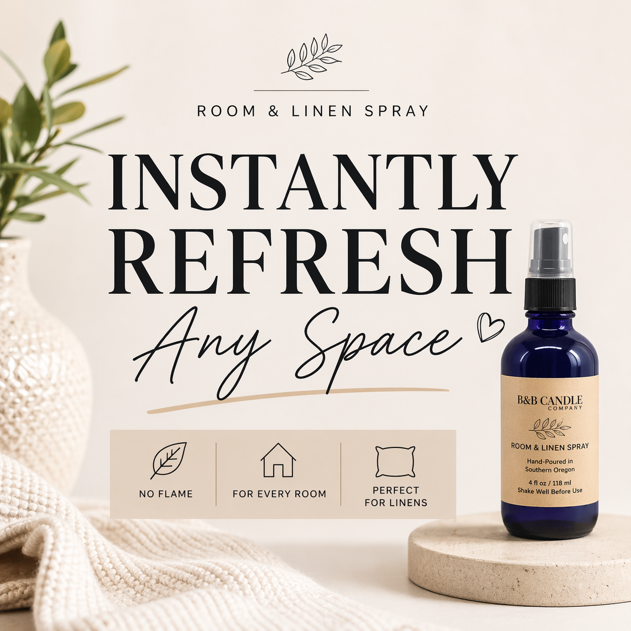 Room and linen spray bottle with packaging on a neutral background