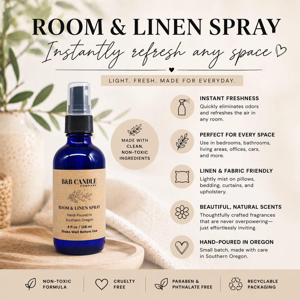 Room and linen spray bottle with product details on a light background