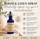 Room and linen spray bottle with product details on a light background