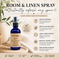 Room and linen spray bottle with product details on a light background